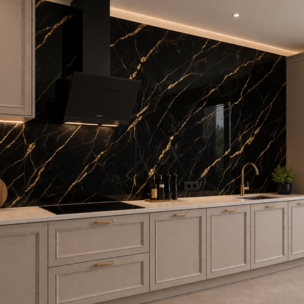 PVC wandpaneel hoogglans marmerlook zwart met gouden ader – 2600 x 1220 x 3 mm